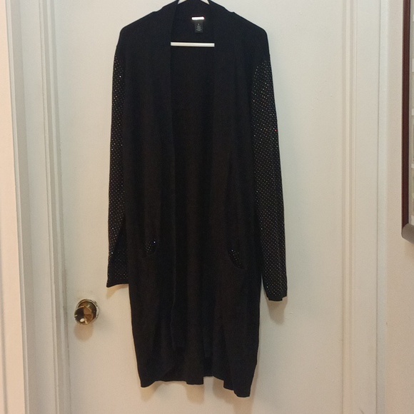 Chicos Black Label Cardigan Womens Knit Long Rhinestone Silk Blend Pockets size2 - Picture 1 of 9